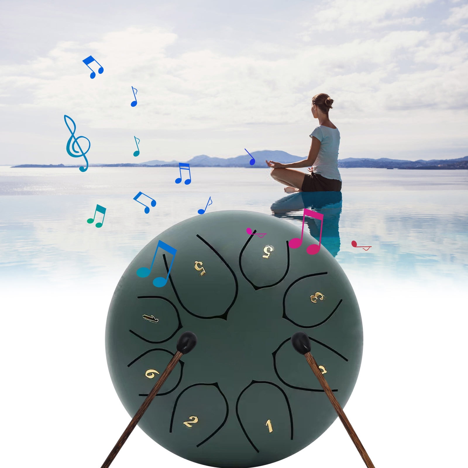 Qocolhg Outdoor Rain Drum, 8 Notes 6 Inch Steel Hand Drum with Bag, Music Book, Drumsticks, Mallet Holder and Finger Picks, Tongue Drum for Camping, Meditation or Yoga, Christmas Gifts for Women