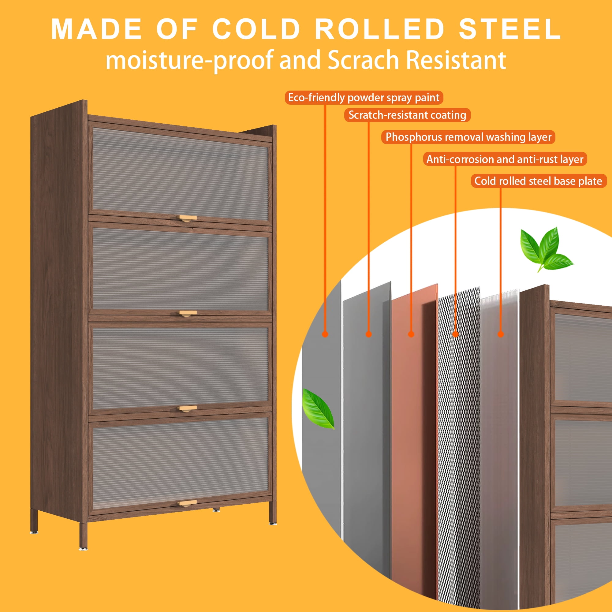 Mintazer Metal Pantry Cabinet, Storage Cabinet with 4 Flip Doors for Kitchen, Living Room, Dining Room, Office, Brown