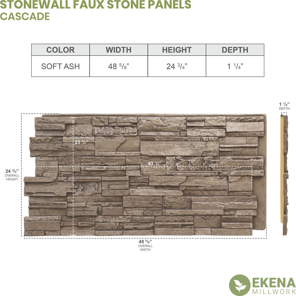 Ekena Millwork 48 5/8"W x 24 3/4"H x 1 1/4"D Cascade Stacked Stone, StoneWall Faux Stone Siding Panel, Soft Ash