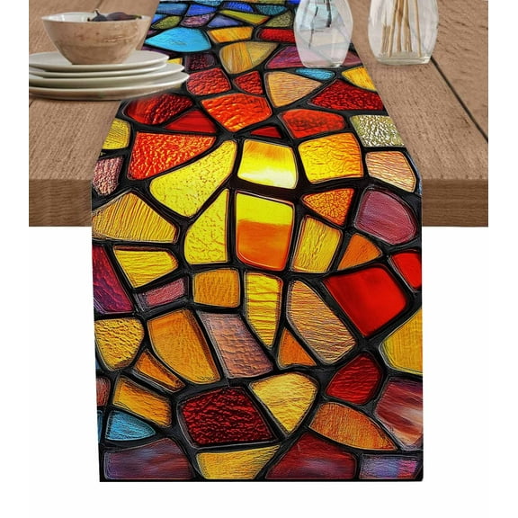 Blue Red Yellow Table Runner Modern Colored Rainbow Stained Glass Tablerunners 14 x 72 Inch, Table Decorations Tabletop Scarf for Summer Gathering Holiday Farmhouse Kitchen Dining Decor