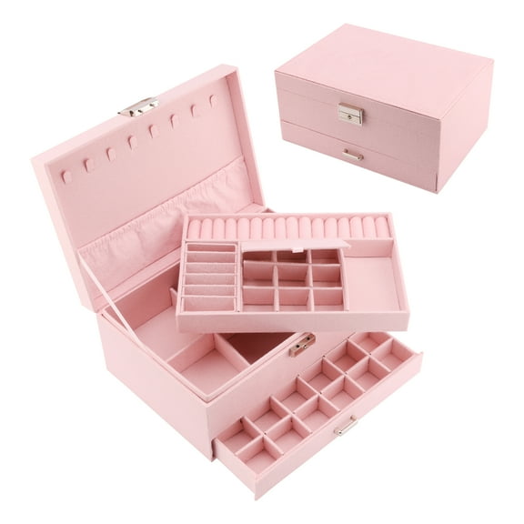 Unique Bargains 3 Layers Jewelry Box Organizer with Drawer Removable Tray Pink