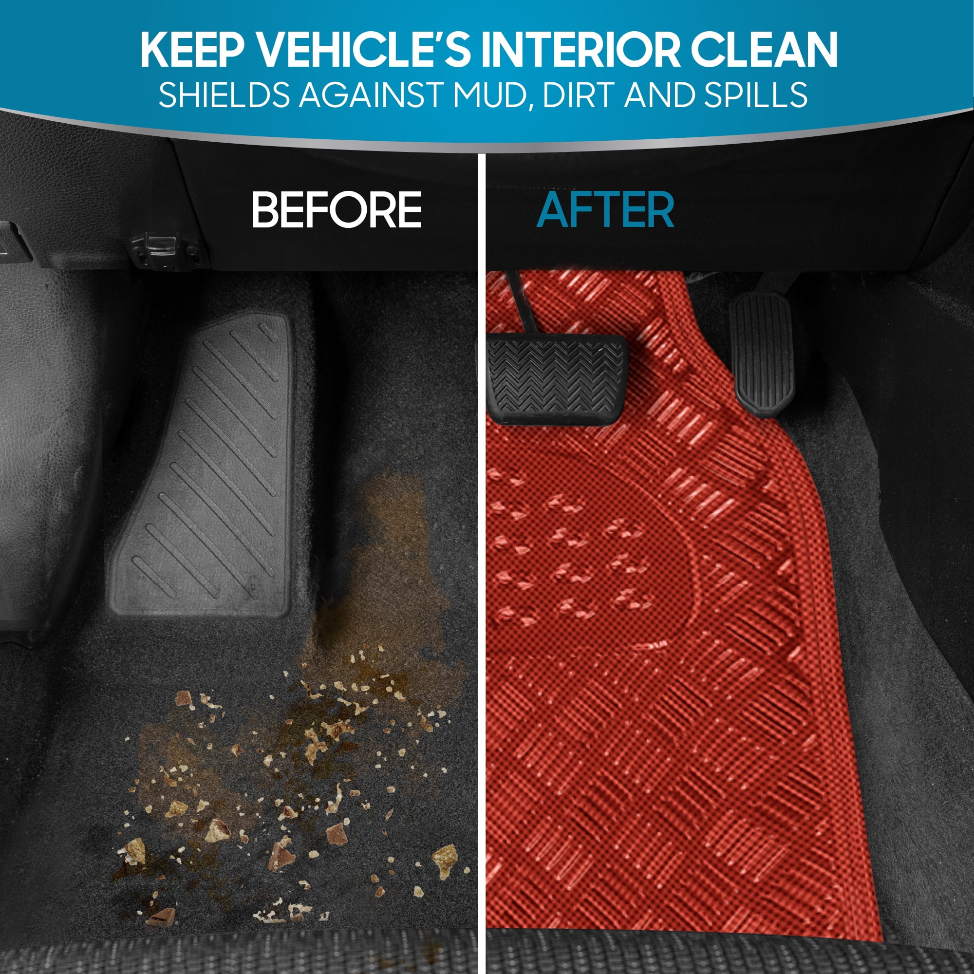 BDK 3-Piece All-Weather Universal Fit Front & Rear Floor Mats for Cars Trucks SUVs Vans, All-Weather Easy-to-Clean Diamond Metal Pattern Durable Heavy Duty Non-Slip Protection - Metallic Red