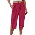 thumbnail image 2 of Linen Capri Pants for Women Elastic Waist Straight Leg Trousers Solid Color Summer Casual Loose Cropped Pants,Sizes S-3XL, 2 of 8