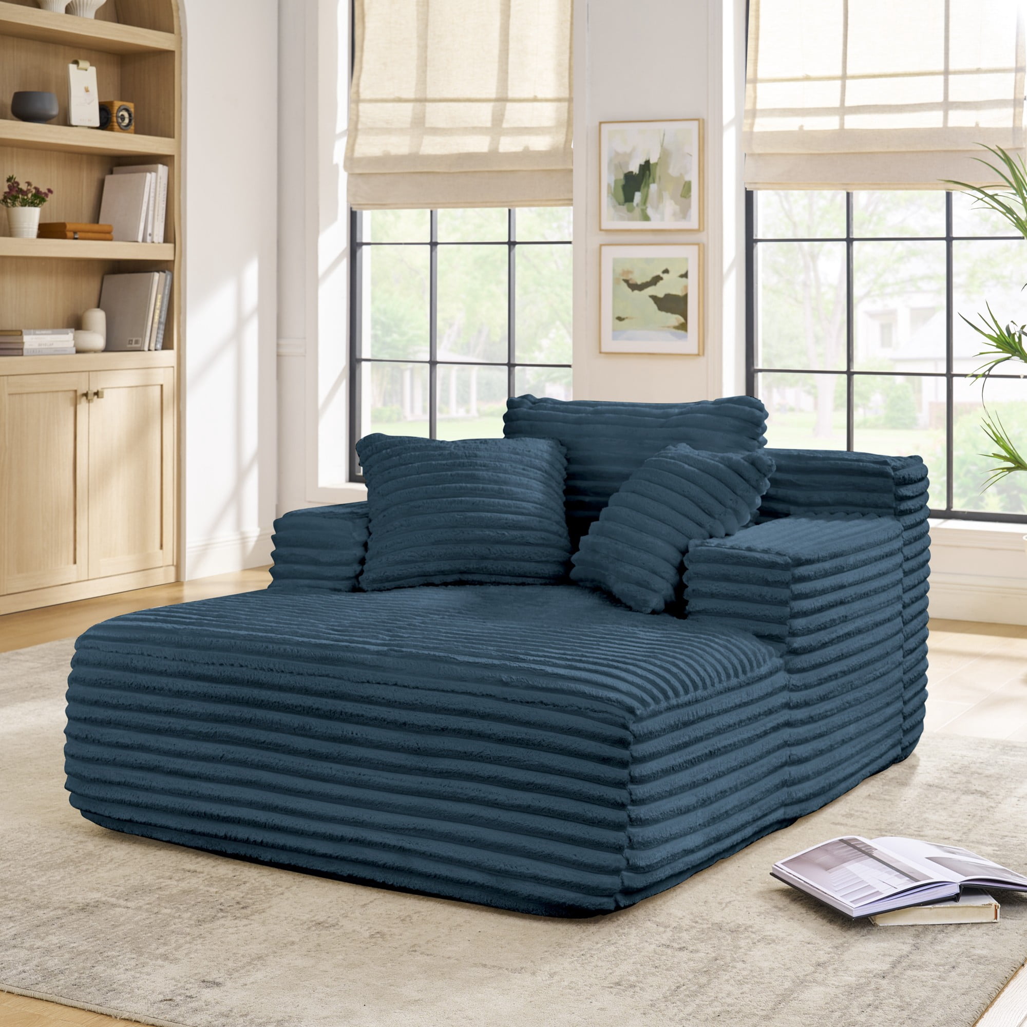 Leumius Oversized Chaise Lounge Chair,Corduroy Upholstered Cloud Couch Compressed Sofa Bed with Deep Seat for Living Room,No Assembly,Blue