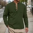 thumbnail image 5 of Mens Long Sleeve Linen Henley Shirt Cotton Casual Outdoor Button-Up with Roll Up Sleeves Green, 5 of 8