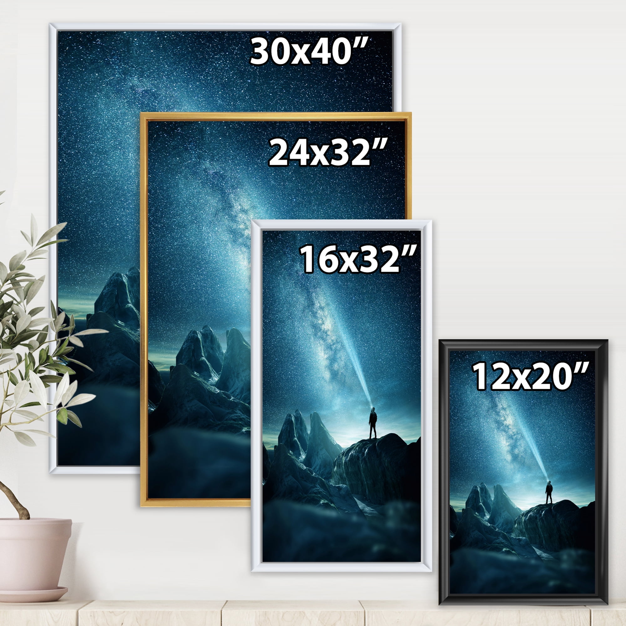 Designart 'A Light Shining by A Man Shining Into The Night Sky' Modern Framed Canvas Wall Art Print