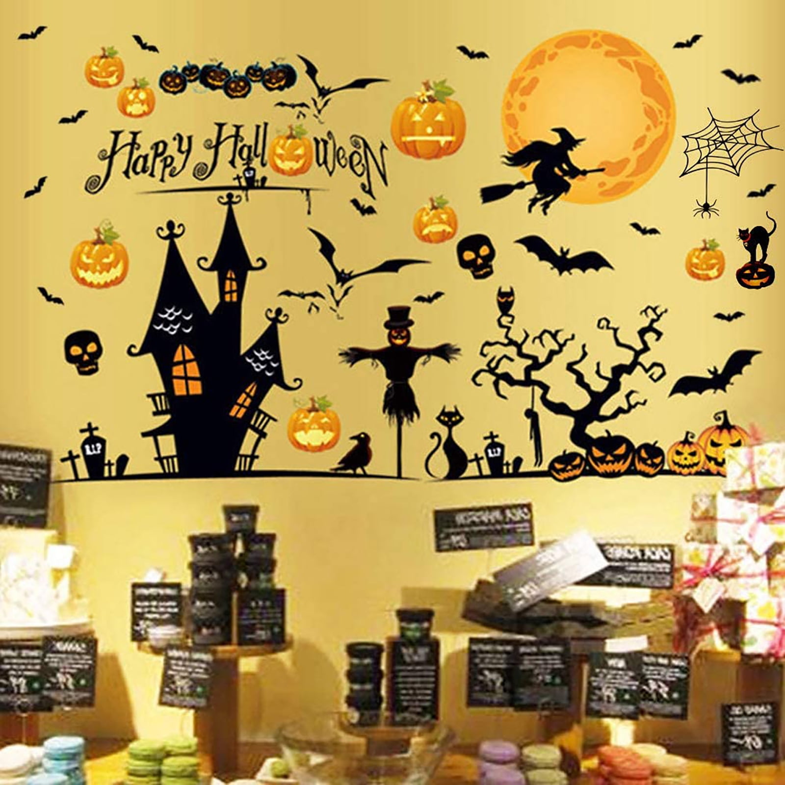 Happy Halloween Removable Wall Stickers Window Art Decoration Vinyl Witch Bats Pumpkin Decals for Home Decor Indoor Outdoor