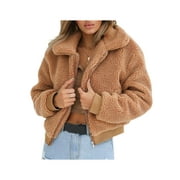 CenturyX Women's Sherpa Fleece Jacket Short Warm Coat with Pockets Outwear Fashion Oversized Zip Up Without Hood Brown S