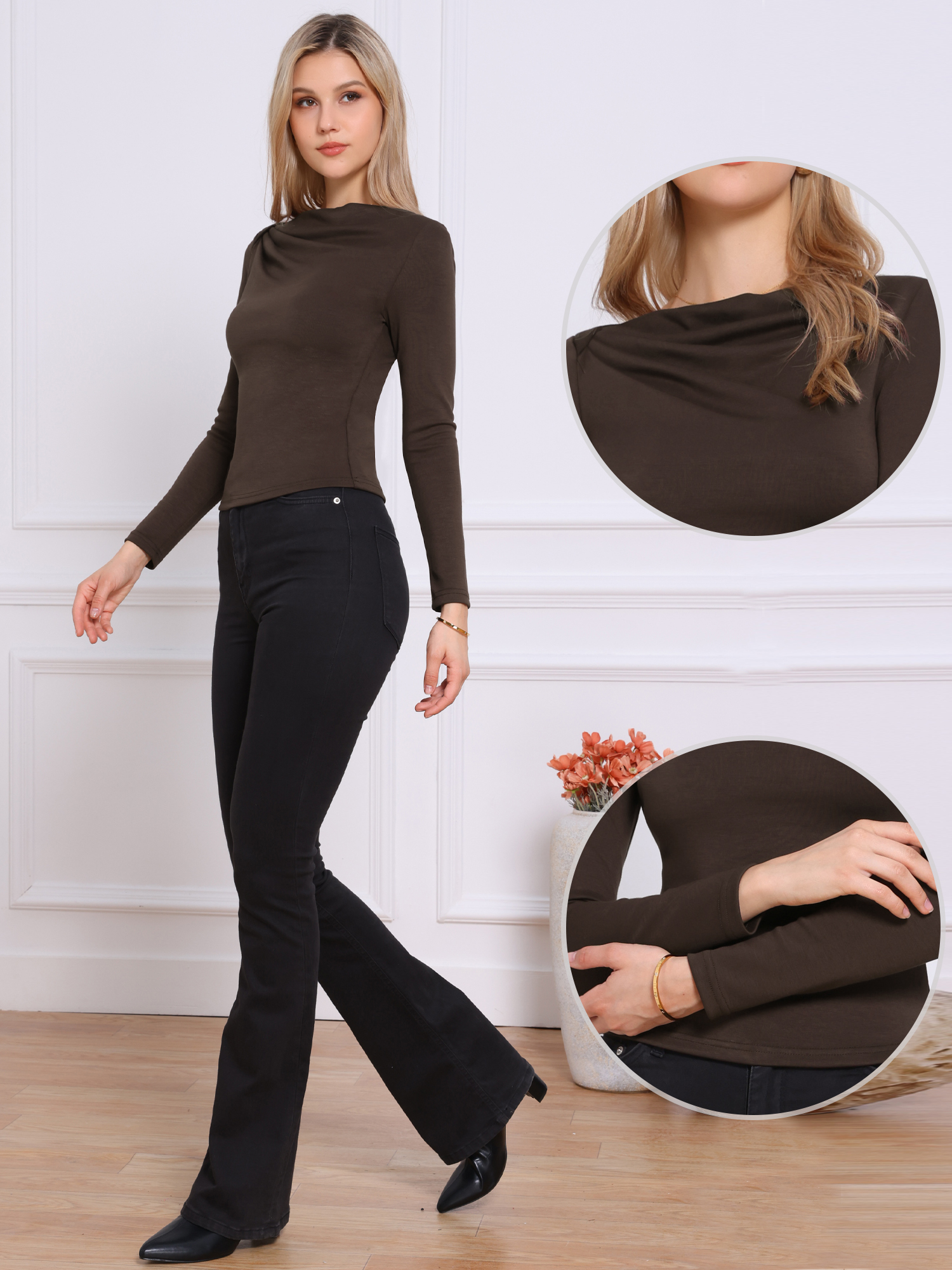 DARING DIVA Women's Boat Neck Long Sleeve Ruched Casual Top XL Coffee Brown