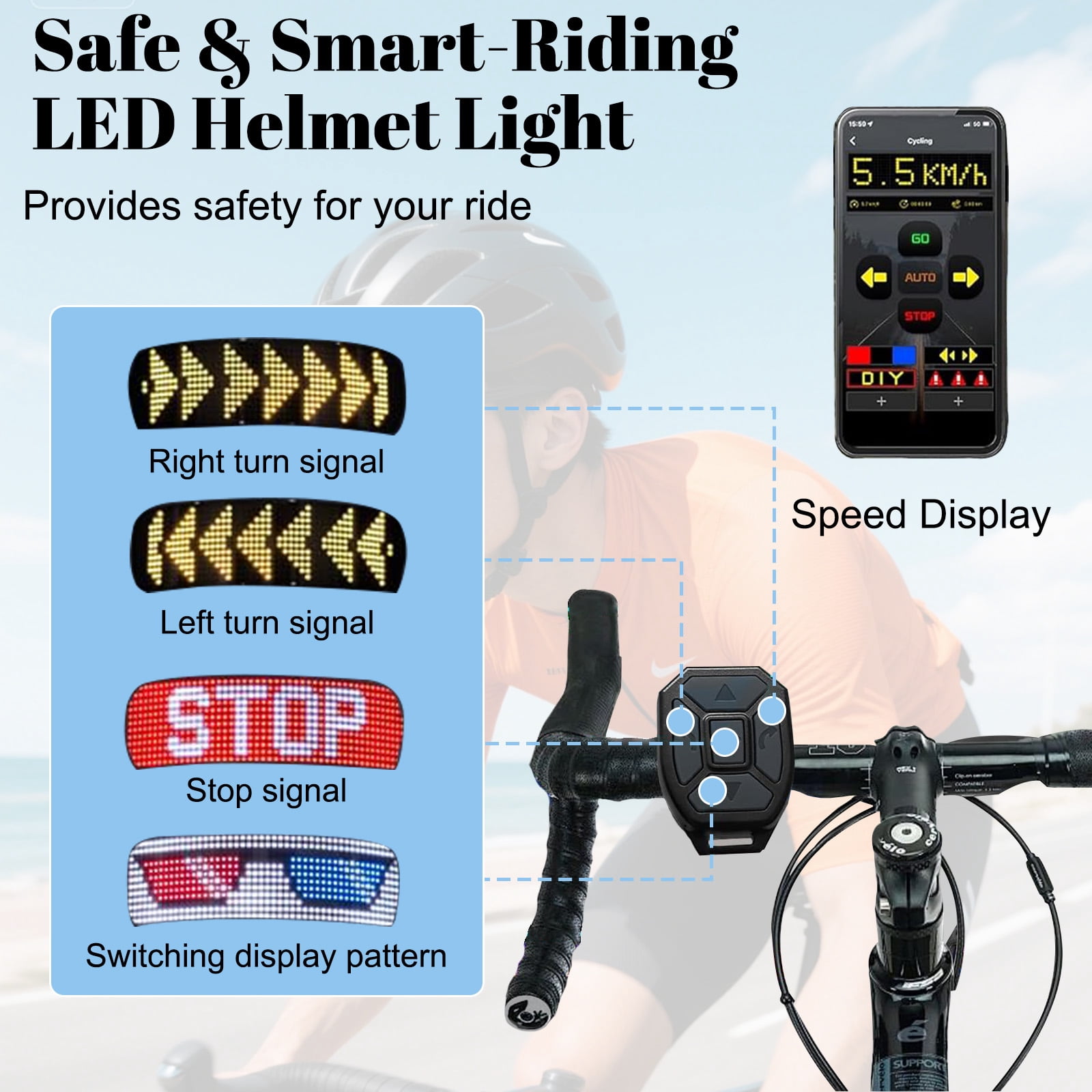 Smart Bike Helmet with LED Light for Adults & Teens – Bicycle Helmet with Turn Signals, Customizable Patterns, APP & Remote Control for Cycling, Mountain & Road Bikes, Electric Scooters, Skateboards