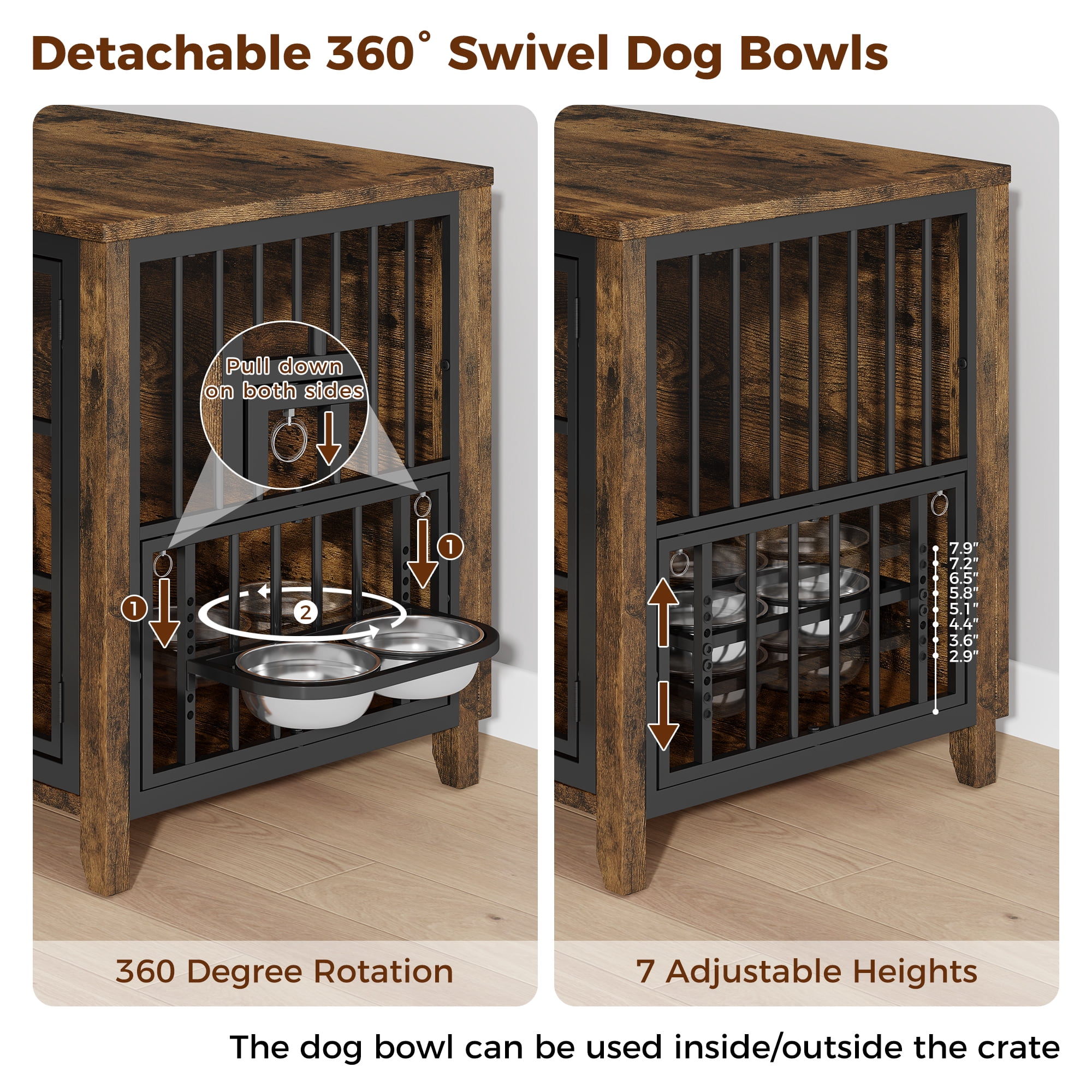 Laintene 37" Dog Crate Furniture with Bowls, Wooden Dog Crate Indoor, Inside Dog Kennels for Medium Large Dogs, Heavy Duty Dog Cage Table, Brown