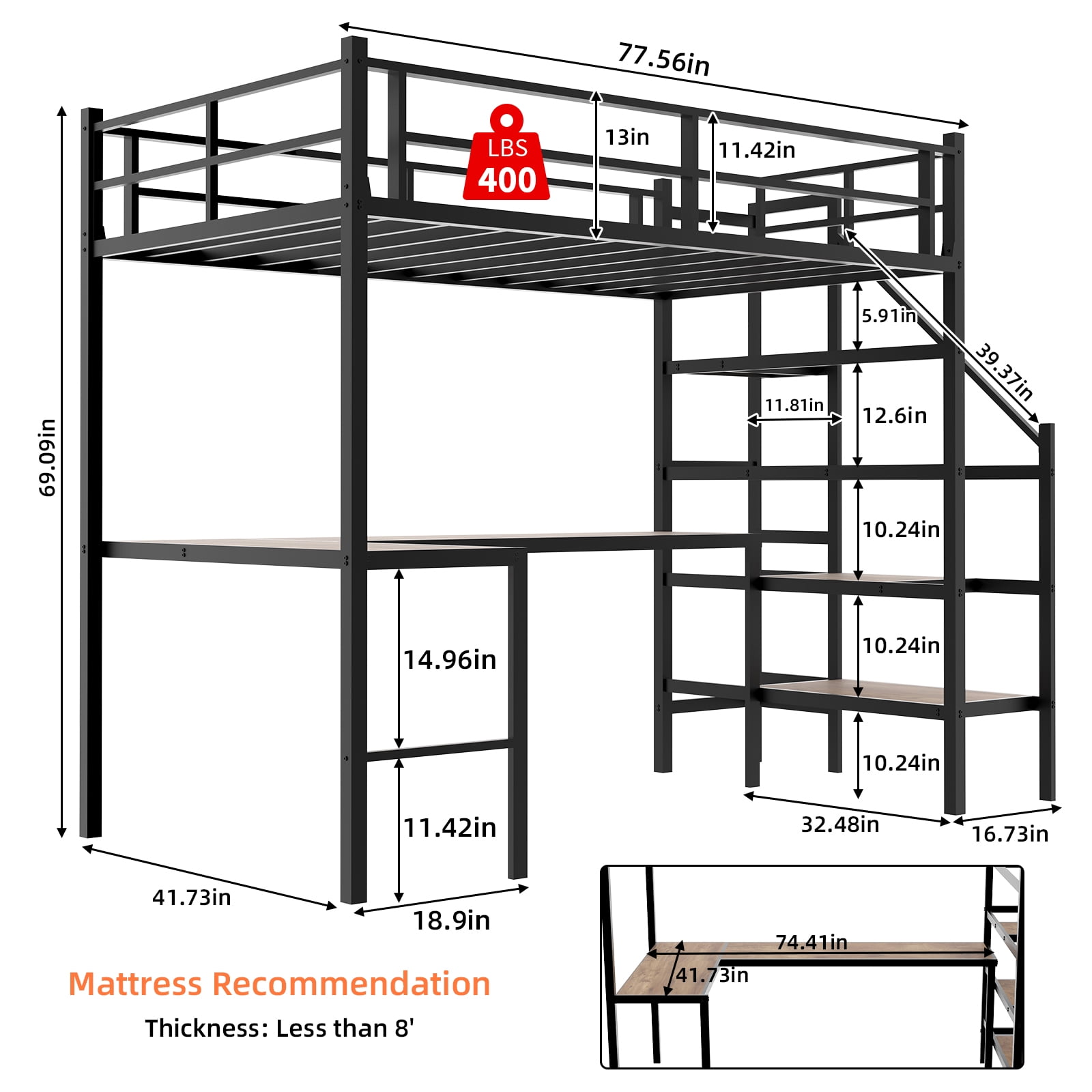 Alvantor Loft Bed Twin Size with L-shaped Desk, Metal Bed Frame with stairs for Kids/Teens, No Box Spring Needed Black