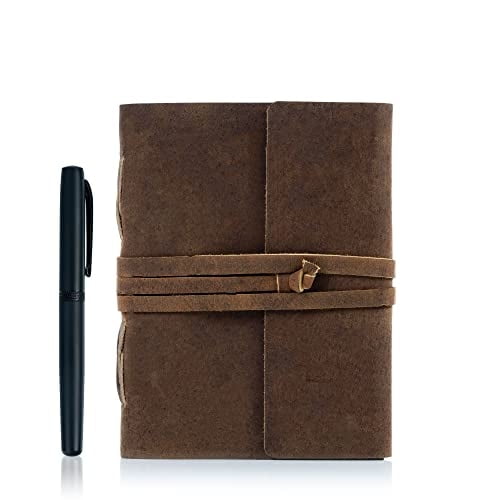 Diario de cuero rayado con pluma de lujo. Hecho a mano/Cuaderno escritura/Block notas encuadernado para hombres y mujeres tamaño mediano. Regalo bloc artistas (7X5)
