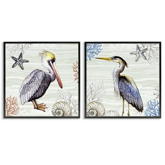 Stupell Industries Coastal Pelican & Heron Animals Painting Black Framed Art Print Wall Art, 12 x 12, Set of 2