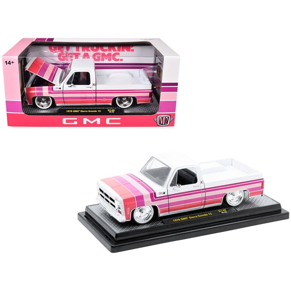 1976 GMC Sierra Grande 15 Pickup Truck White with Stripes Limited Edition to 9250 pieces 1/24 Diecast Model Car by M2 Machines