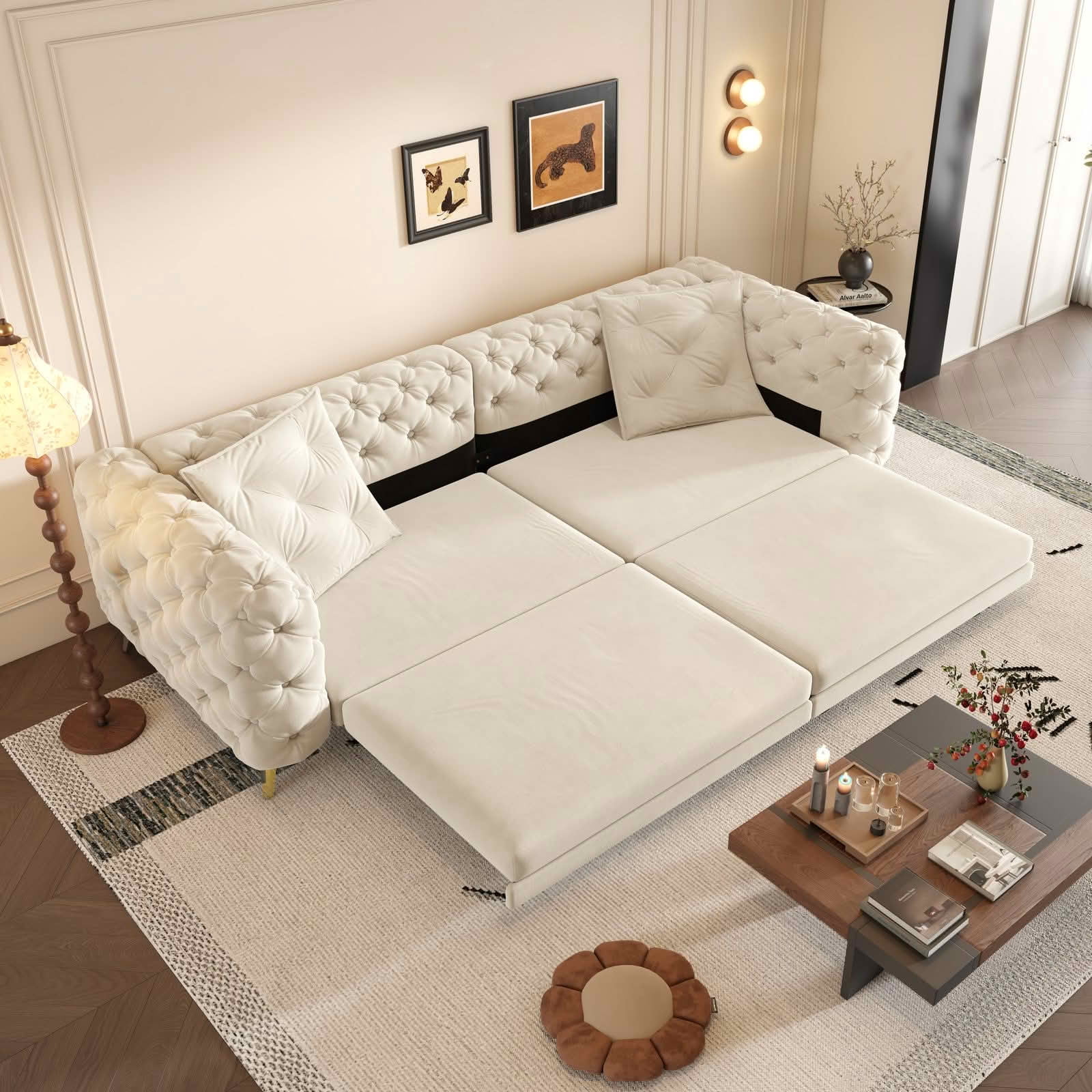 MAYEERTY 97.7" 3‑in‑1 Convertible Sleeper Sofa Bed, Deep‑Seat Tufted Velvet 4‑Seater Couch with Movable Ottoman, 2 Pillows Included