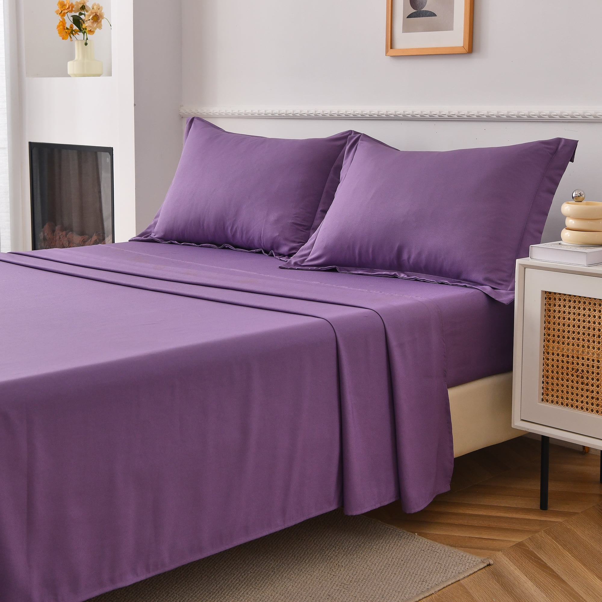 Jessy Home Bed Sheets Set 4 Piece Queen/Full Sheet Set Purple Cotton Blend Fitted Sheet, Flat Sheet & 2 Pillowcases Bedding Set