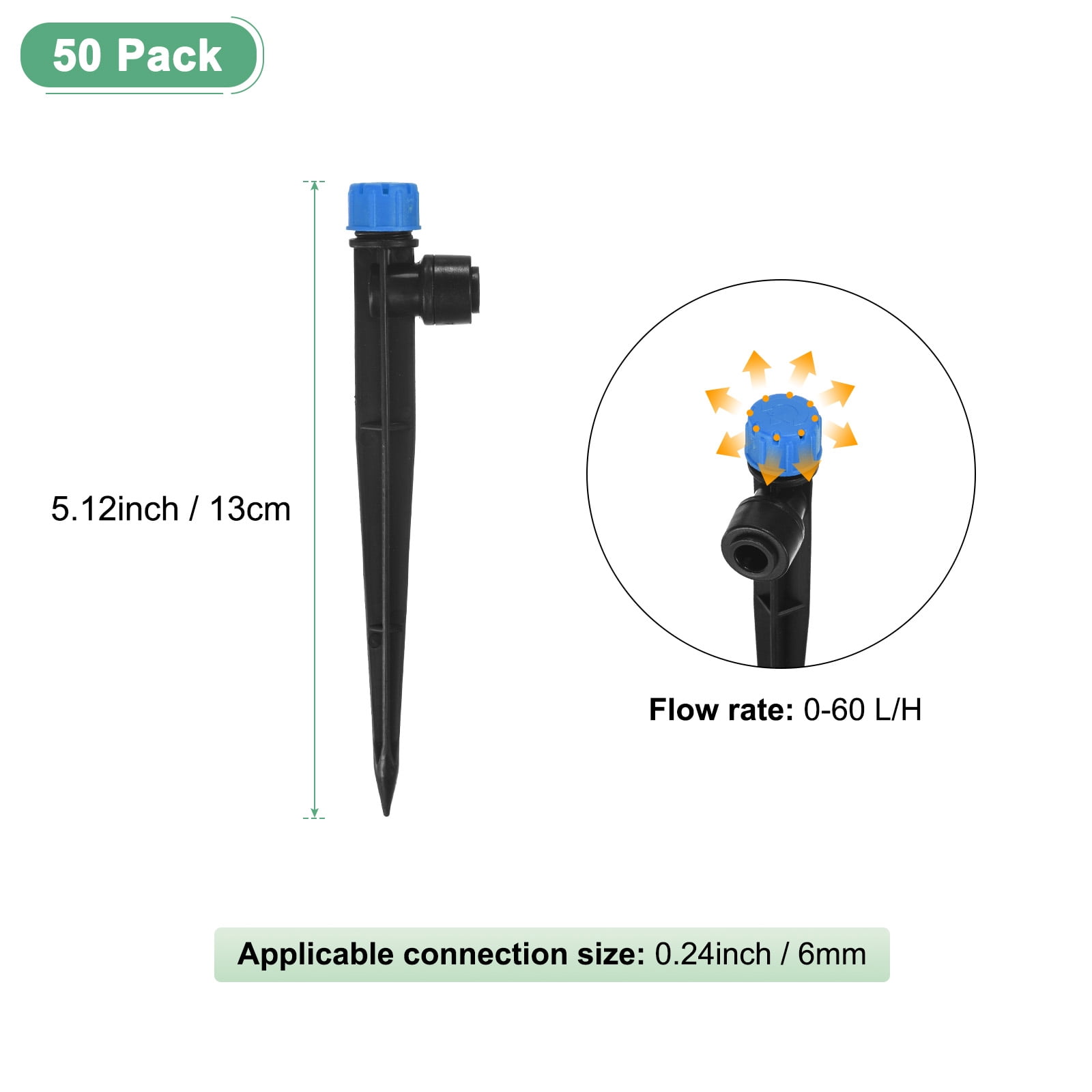 Uxcell 50-Pack Drip Irrigation Emitters, Adjustable 360 Degree Water Flow 8 Holes for 1/4" Tubing [Blue, Drip]