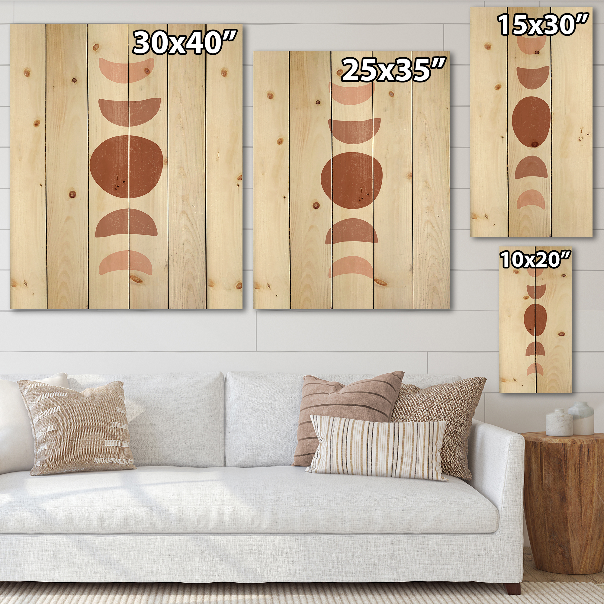 Designart 'Minimal Moon Phases On White' Modern Print on Natural Pine Wood