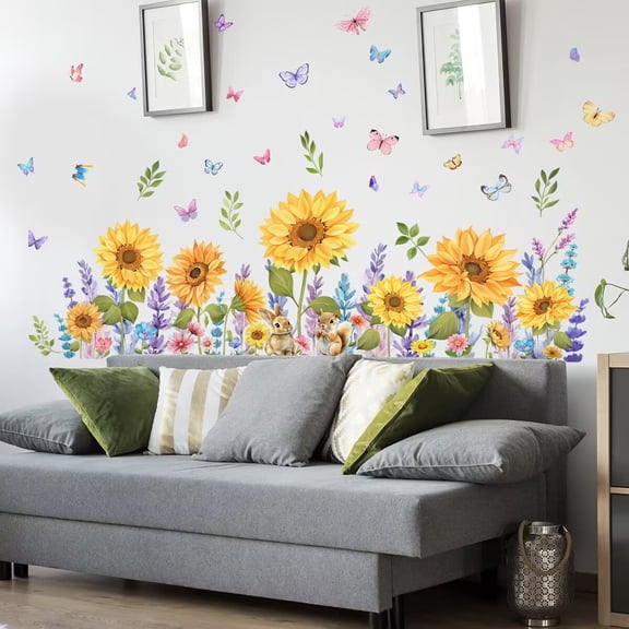 Flowers Daisy Sunflower Grass Colorful PVC Wall Stickers Removable Wall Decals Art Decorations Decor for Bedroom Living Room Murals