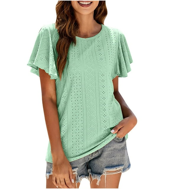 JUNWELL Hauts d'Été pour Femmes Col Rond Volants Manches Courtes Chemises à Illets Décontractées Coupe Ample Blouses Fluides Tunique Jaune