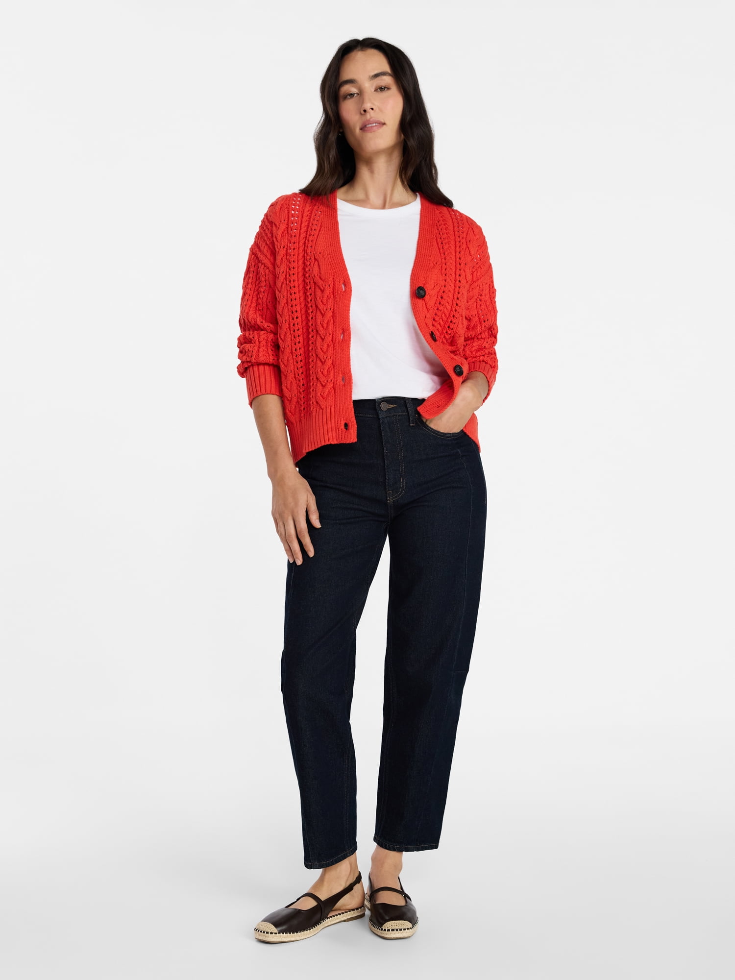 Time and Tru Women's Cable Knit Cardigan Sweater with Long Sleeves, Lightweight, Sizes XS-XXXL