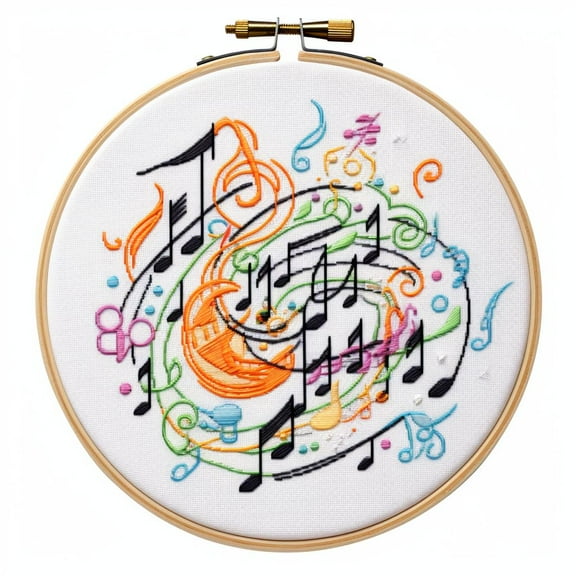 Cartoon Simple Music Notation 11CT Stamped Cross Stitch Kits Easy for Beginners Child with Hoop DIY Needlepoint Counted Embroidery Kits Art Craft Wall Decor 12x12IN(4)