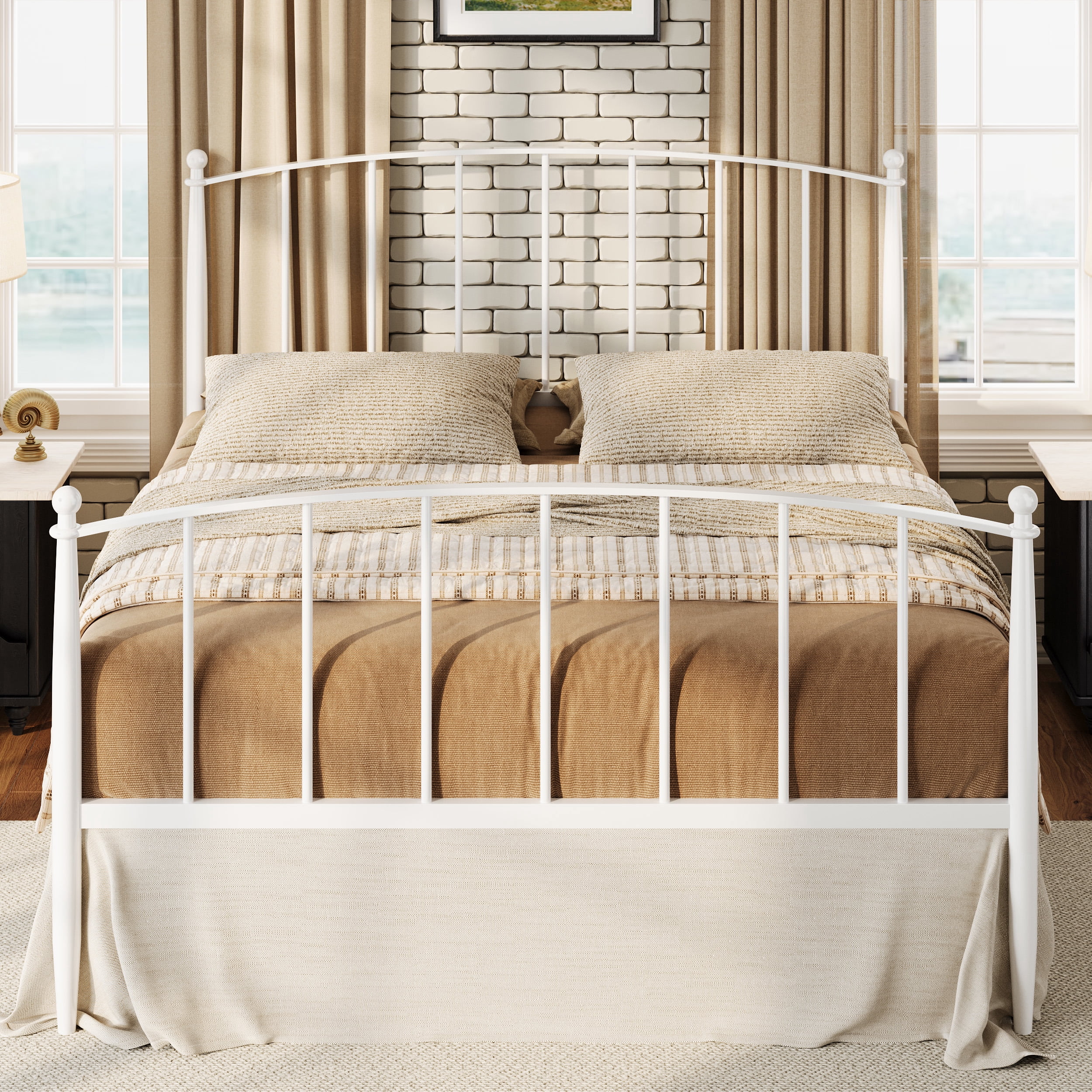 Sha Cerlin Full Size Metal Platform Bed Frame with Victorian Style Iron-Art Headboard and Footboard, White
