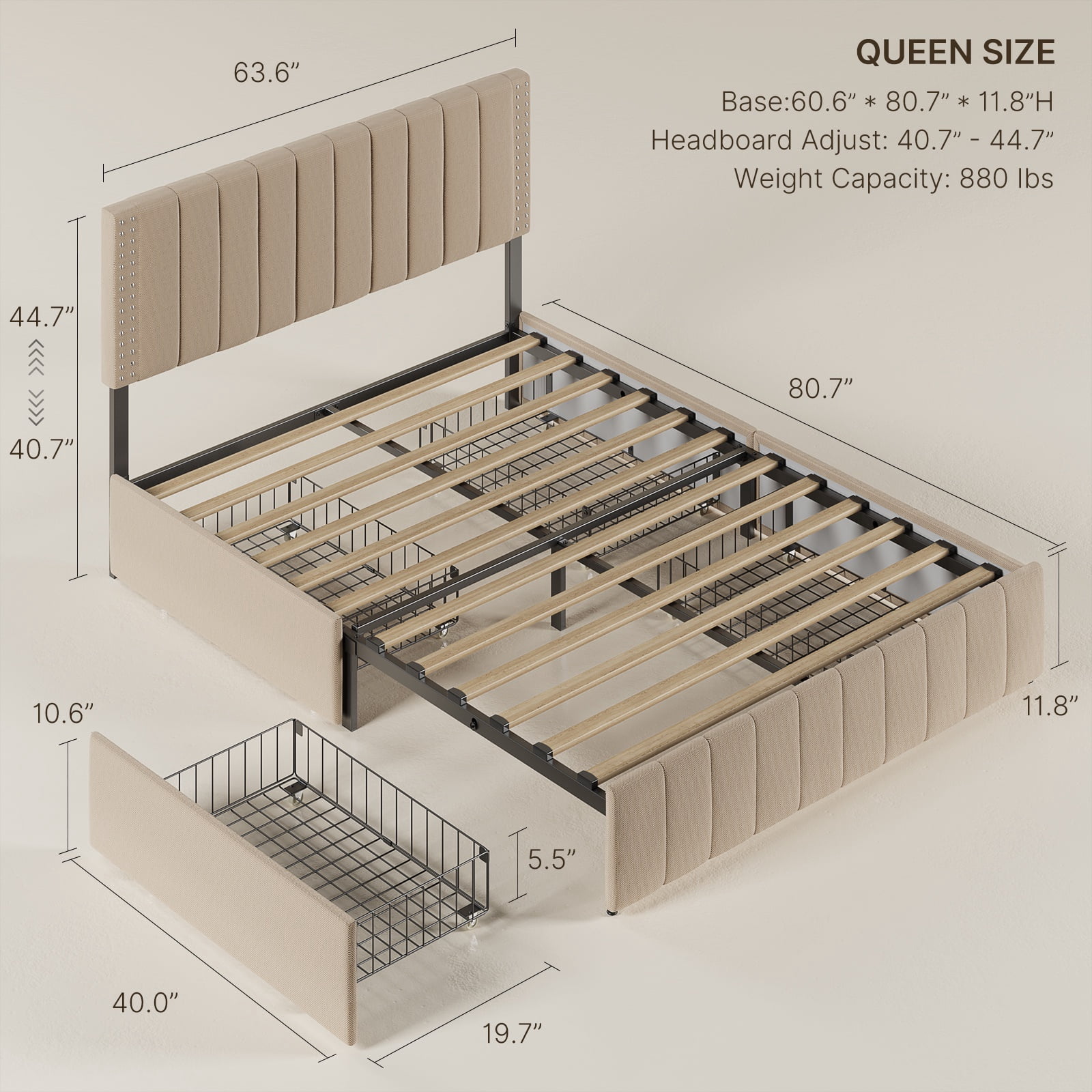 Queen Bed Frame with Storage Drawers, Jolifa Linen Upholstered Platform Bed with Adjustable Headboard, No Box Spring Needed, Beige