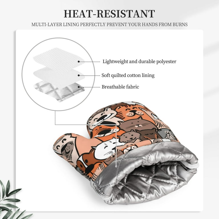 Oven Mitts,Cat Design Heat Resistant Cooking Glove Quilted Cotton Lining-  Heat Resistant Pot Holder Gloves for Grilling & Baking Gloves BBQ Oven