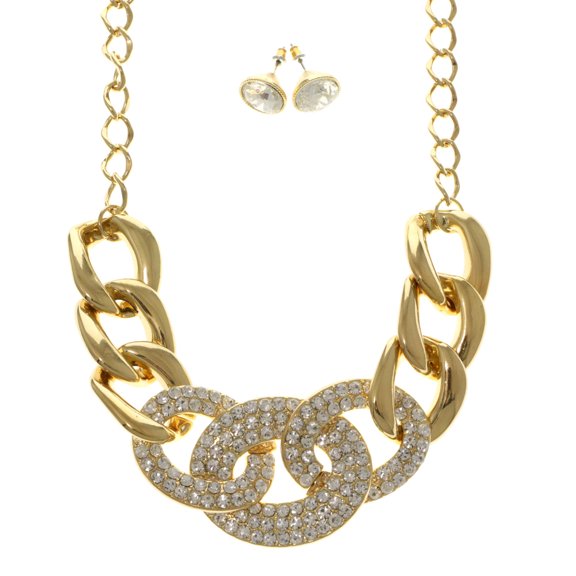 Gold-Tone Chain Link Necklace With Rhinestone Accents And Matching Stud Earrings TMN301
