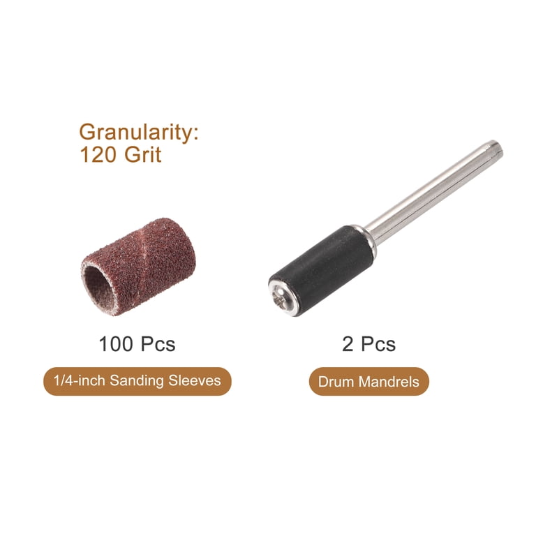 Uxcell 100-Pack 1/4" Sanding Sleeves – 120 Grit, Aluminum Oxide, With 2 Drum Mandrels (1/8" Shank), For Rotary Tools, Wood, Metal & Plastic