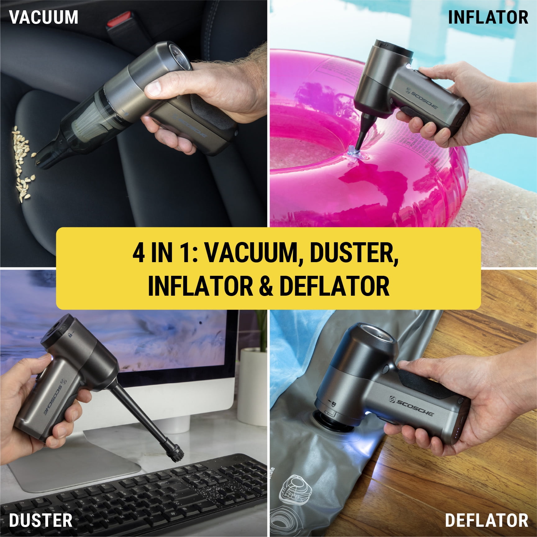 Scosche SCOVAC 4-in-1 High Power Cordless Mini Vacuum Cleaner, Air Duster, Inflator & Deflator Pump