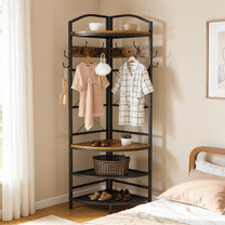 LinkRomat 4-Tier Corner Hall Tree with Hooks and Shoe Storage, Industrial Entryway Coat Rack with Bench, Rustic Wood and Metal Organizer for Small Spaces