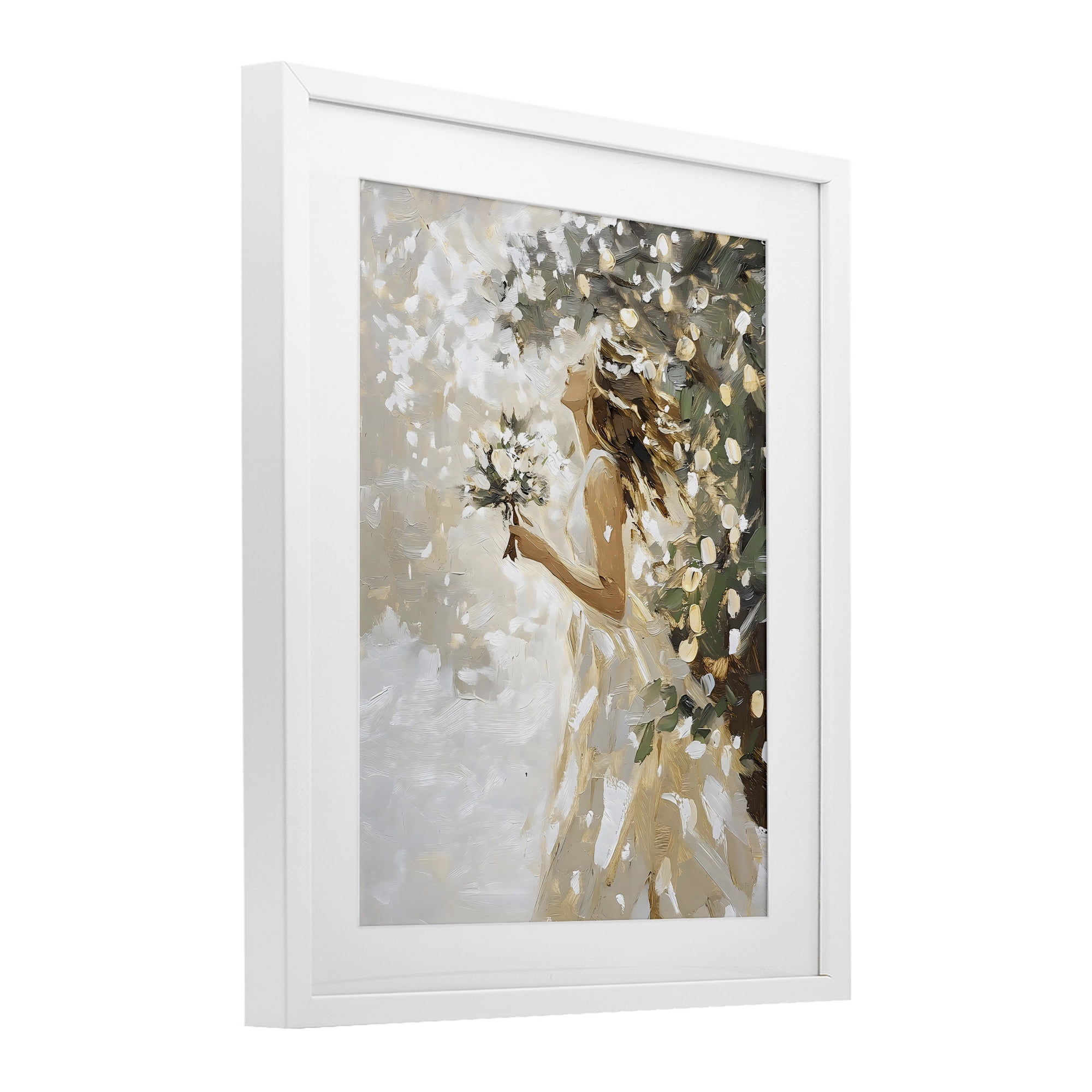 Soft White Snow Flurry White Framed Print Under Glass, design by LSR Design Studio