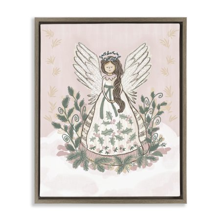 Stupell Industries Christmas Angel with Botanicals Brown Framed Floater Canvas Wall Art design by Connie Summers 21 x 17