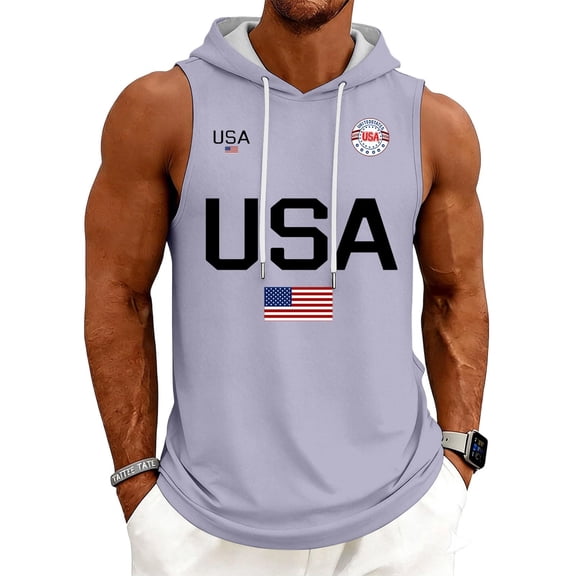 250Th Anniversary Hooded Tank Top for Men American Flag Workout Shirt 4th of July Sleeveless Muscle T Shirts Light Purple S