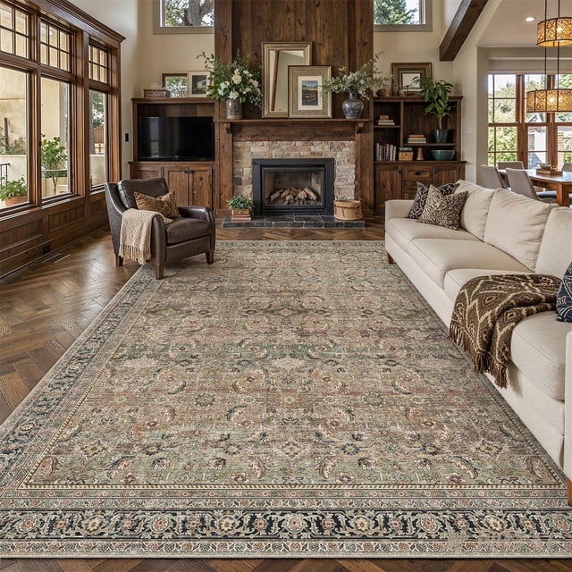 BERTHMEER 6'x9' Washable Area Rugs for Living Room Bedroom Kitchen Rugs Non Slip Brown Vintage Traditional Dorm Office Dining Room Farmhouse Oriental Distressed Rugs
