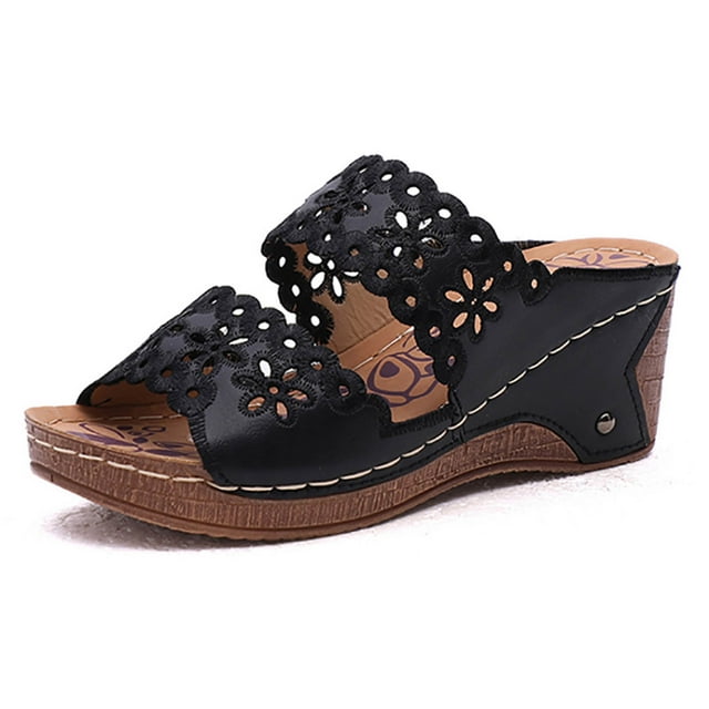 Summer New Style Thick-soled Slope With Embroidered Hollow With Roman Slippers