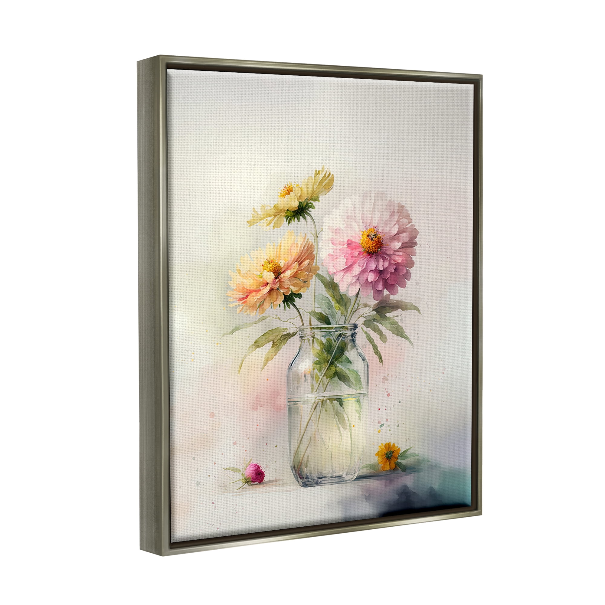 Stupell Industries Pink & Yellow Dahlias Botanical & Floral Painting Gray Floater Framed Canvas Art Print Wall Art, 17 x 21