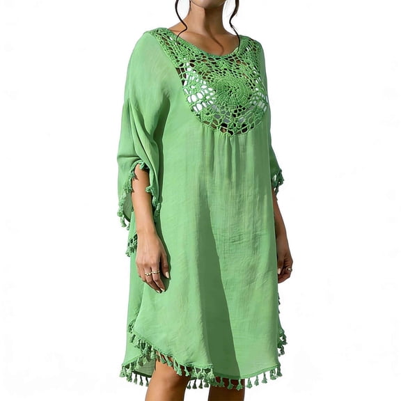 Womens Bohemian Crochet Lace Tassel Swimsuit Cover Up Batwing Hollow Out Chiffon Beach Kimono Dress UPF Sun Protection Breathable Summer Bathing Suit Cover