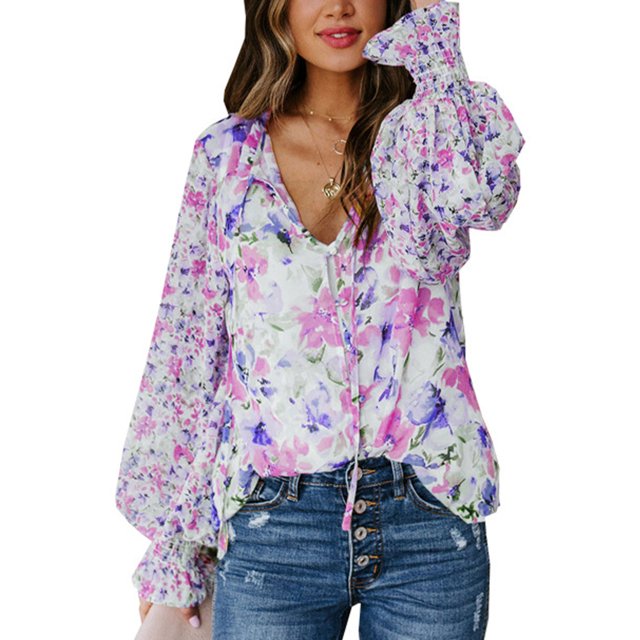 Blusa de mujer con mangas acampanadas y botones, estampado floral, corte holgado, informal, Top de manga larga para citas, viajes, rosa, rojo, XL