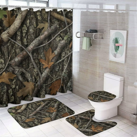 TEMU Forest Bark Camo Print Shower Curtain Bathroom Sets Toilet Lid Rug, Bath Mat And Contour Mat, Shower Curtain 4Pcs