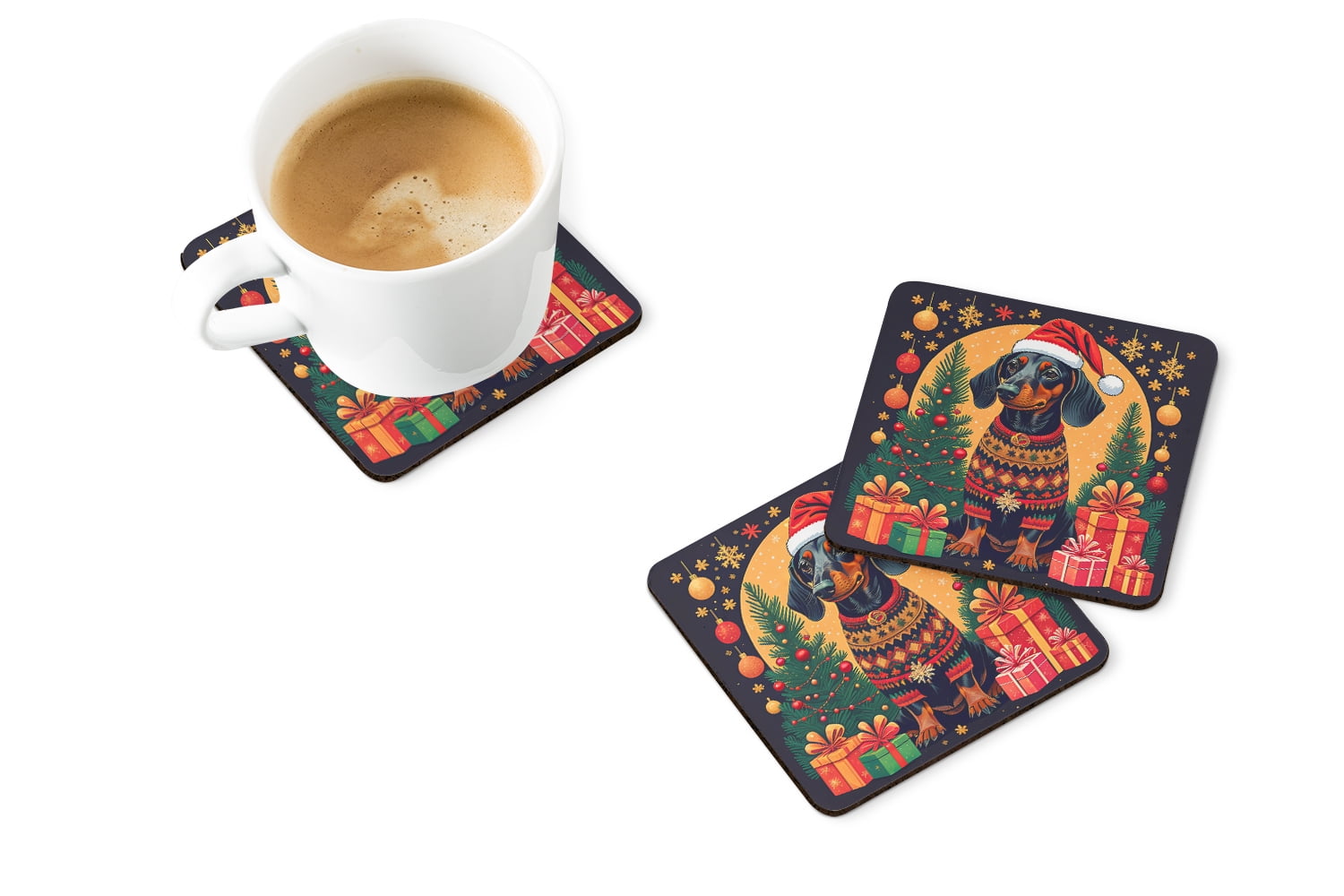 Black and Tan Dachshund Christmas Foam Coaster Set of 4 3.5 in x 3.5 in