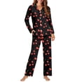 thumbnail image 2 of Garronmavis Cherry Pattern Button Down Pajama Sets for Women 2 Piece Soft Comfy Sleepwear Long Sleeve Top and Pants Lounge Outfit PJ Set for Night, Black, 2 of 7