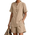 thumbnail image 2 of Arlun Womens Linen 2 Piece Sets Neck Button up Short Sleeve Shirts and Wide Leg Shorts Set Summer Relaxed Fit Casual Two Piece Outfits Solid Color Matching Set Daily Wear Khaki XL, 2 of 5