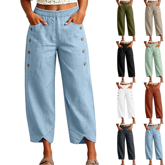 Miluxas Women's Lightweight Wide Leg Pants Elastic High Waist Cropped Harem Trousers with Pockets Summer Fashion Outfits White