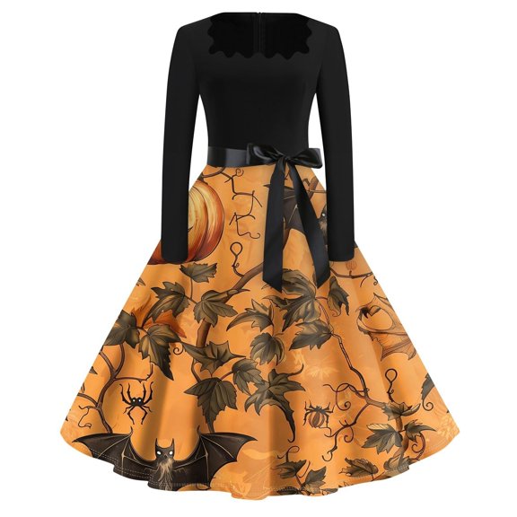 Gunia Halloween Dresses Women Festival Fashion Halloween Bat Print Graphic Dresses Elegant Comfortable For Party Comfy Clothes Gold