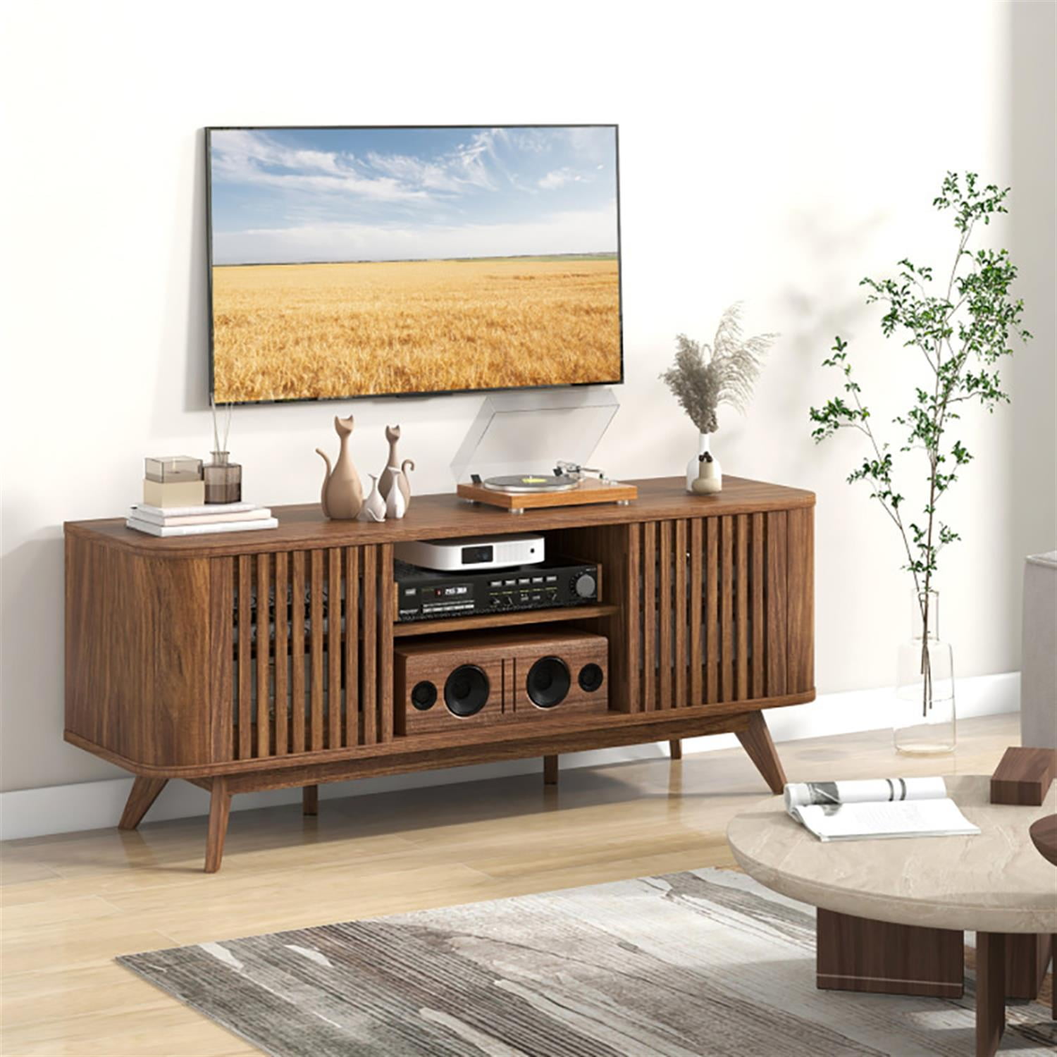 Demi Bonn 2-Door TV Stand for 60" TVs, Entertainment Center with Adjustable Shelves, Modern Media TV Console Table for Living Room Bedroom, Brown