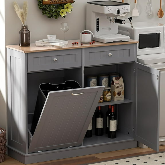 Spurgehom Dual Door Tilt Out Trash Can Cabinet,Laundry Hamper Trash Cabinet Kitchen Waste Bins Pull Out with Hideaway Drawer,13 Gallon Pet Proof Recycling Cabinet for Living Room,Grey